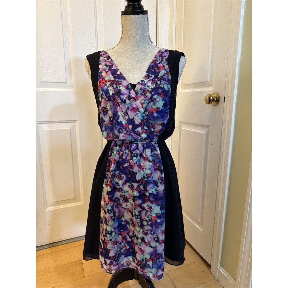 FLORAL PRINT Express fit & flare sleeveless dress purple Elastic Waist Size M